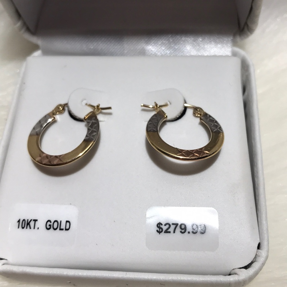 10K Tri Color Gold 3 MM Diamond-cut Round hoops - Picture 3 of 9